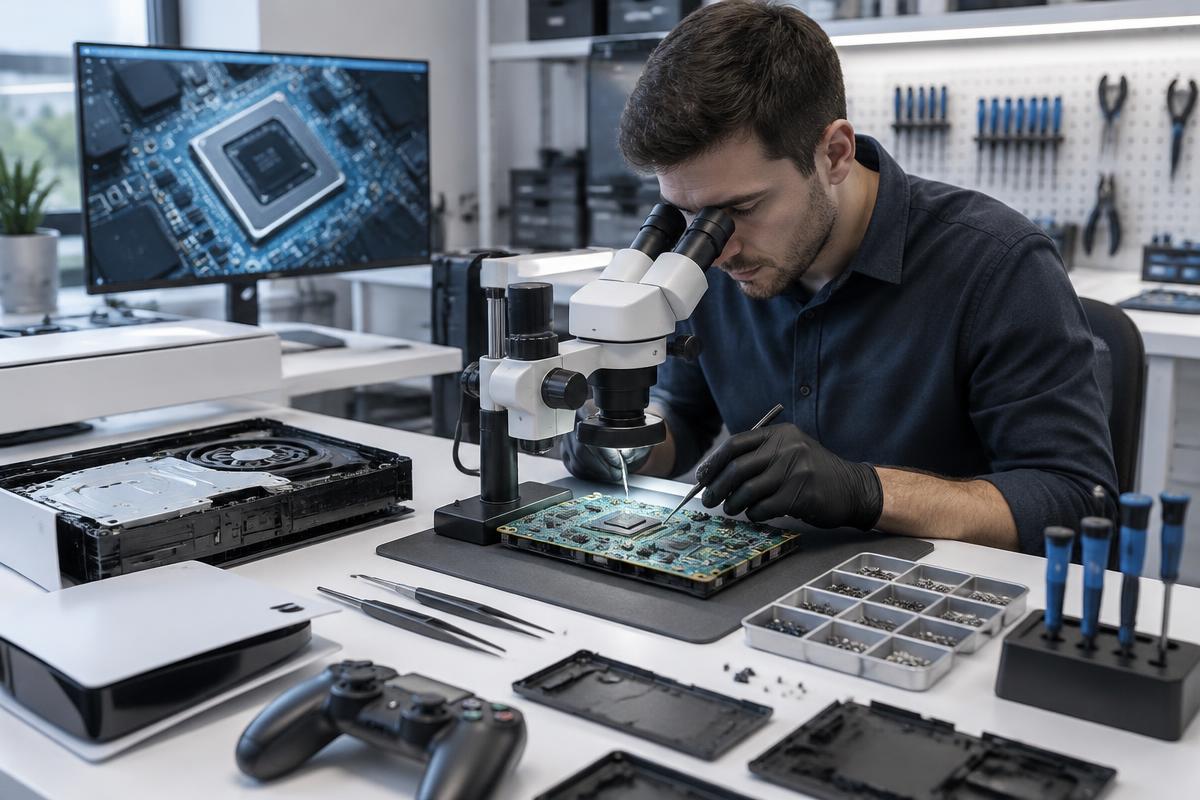 Technician inspecting electronic components and a gaming console