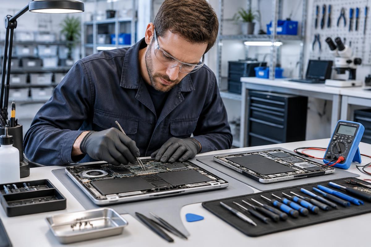Technician inspecting laptop and tablet hardware
