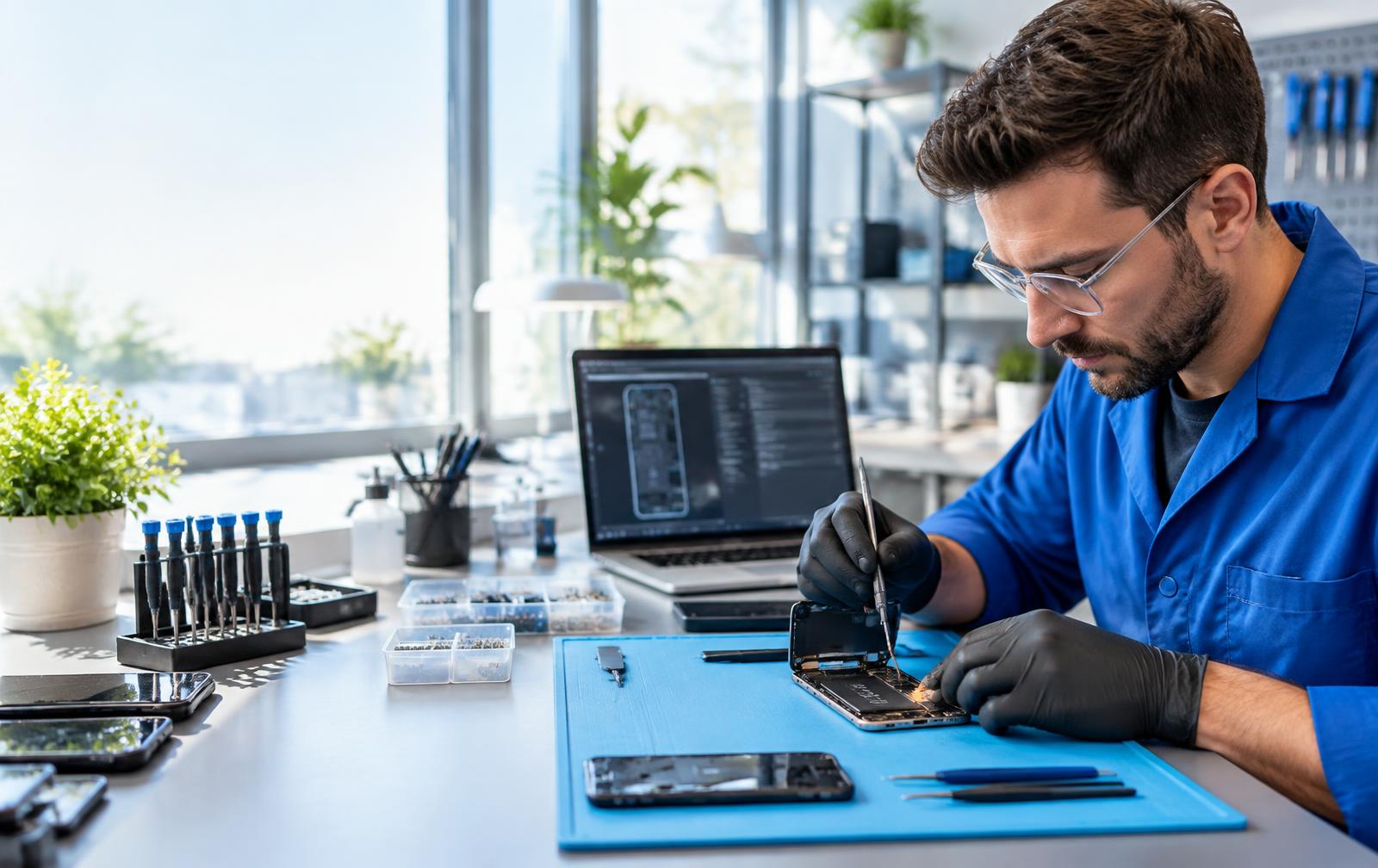 Technician carefully repairing a smartphone at a professional workbench